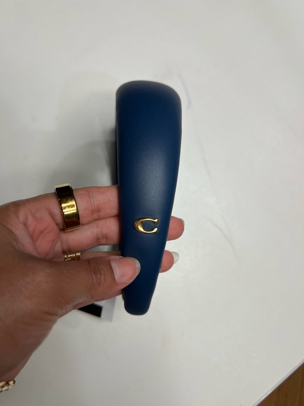 Coach Navy Leather Hair band with Gold 'C' Accent